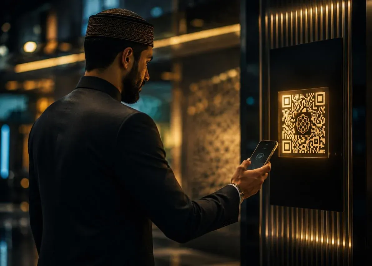 A man scanning a community’s glowing door code with his phone